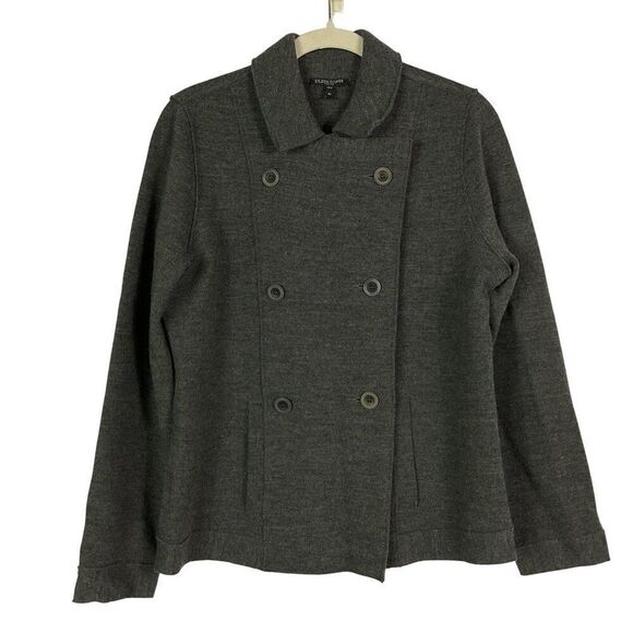 Eileen Fisher Petite Gray Merino Wool Double Breasted Coat, Petite Large - Picture 1 of 8